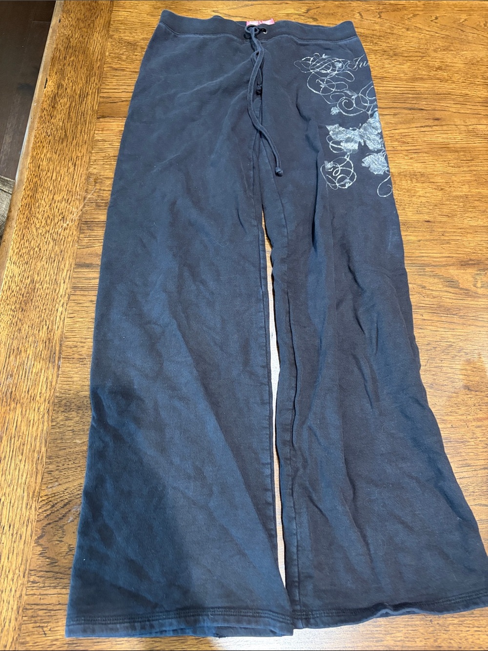 Juicy Couture Black Track Pants with Silver Graphic on leg Straight leg Petite